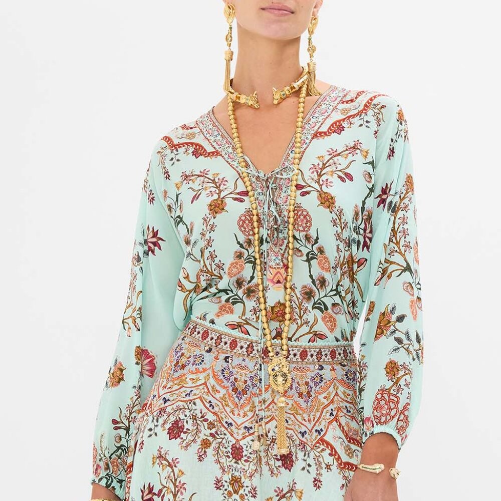 Lace Up Silk Blouse in "Weaving Worlds"